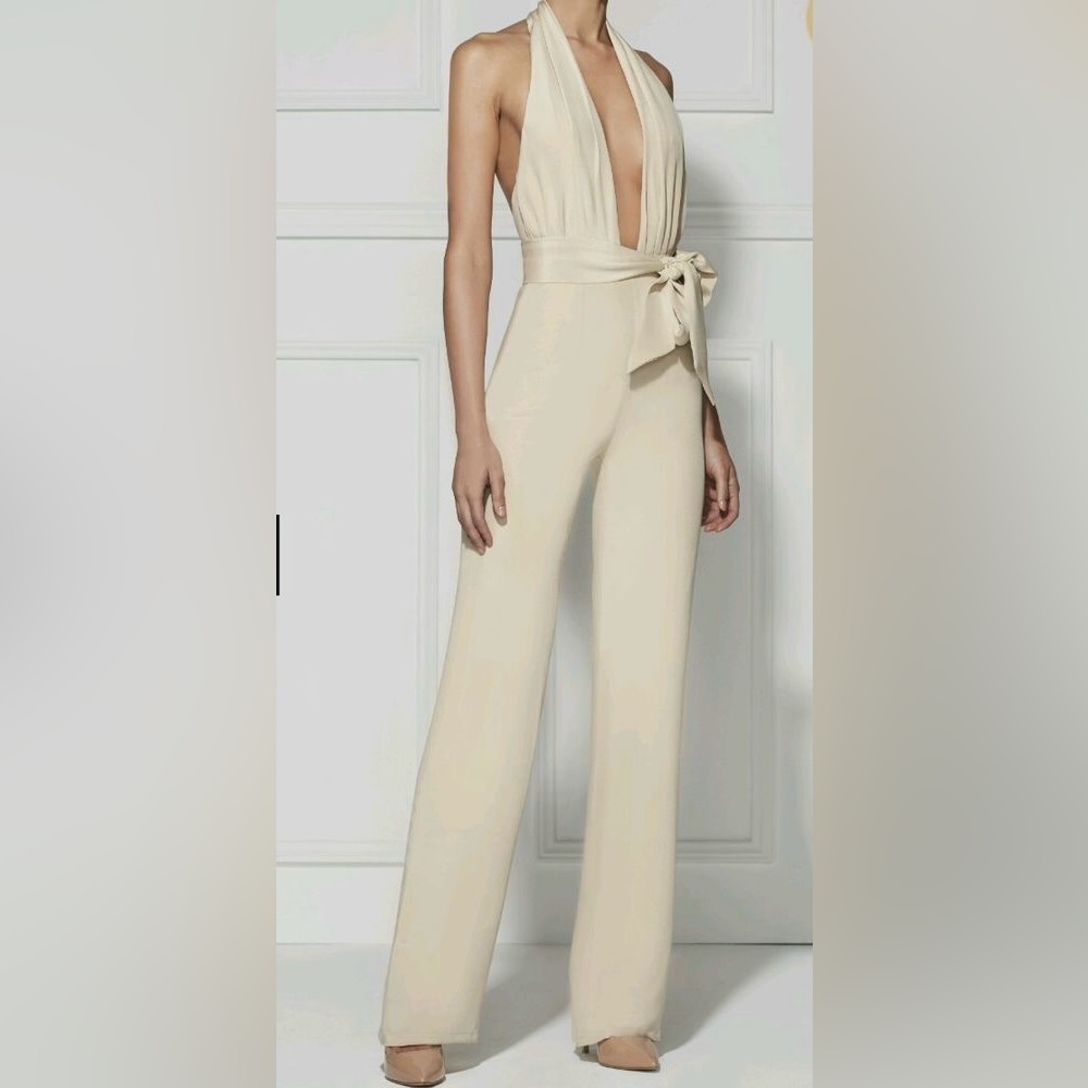 New Misha Silk Ivory V Plunge Neck Halter Wide Leg Pant Jumpsuit M/L